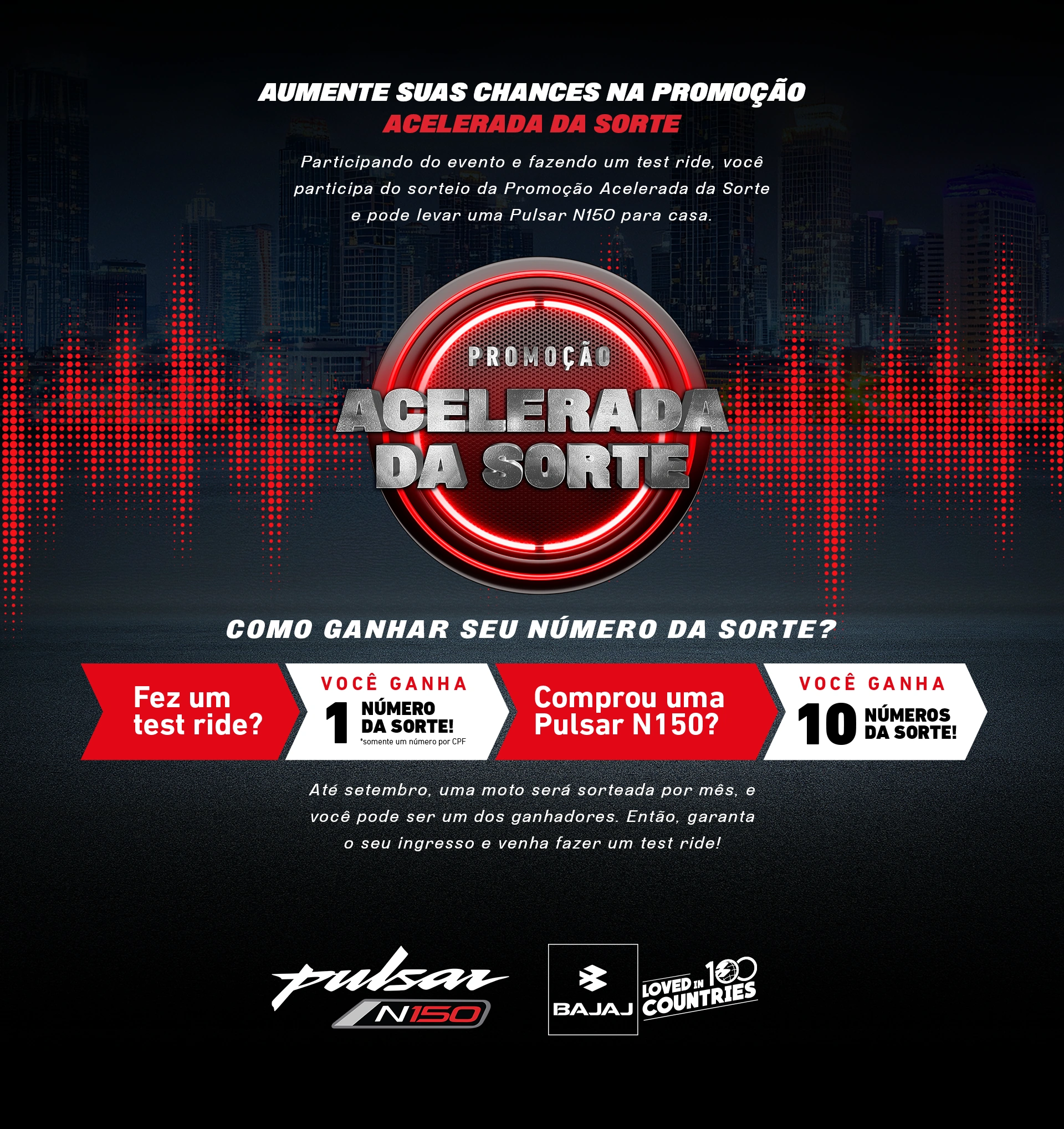 Promoção Acelerada da Sorte: faça um test ride e ganhe um número da sorte; compre uma Pulsar N150 e ganhe dez números